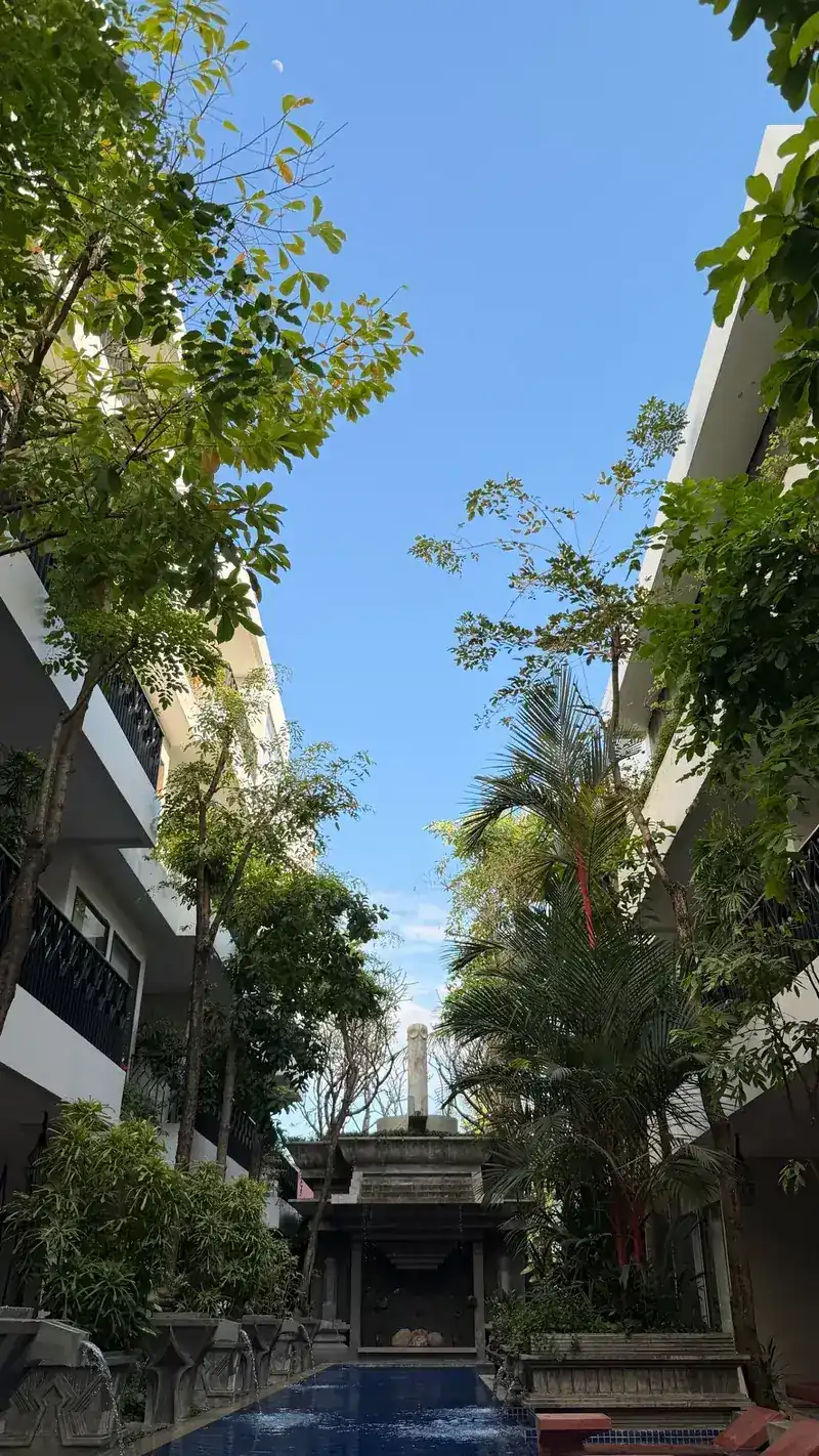 客室棟にはさまれた細長いプールと木々、青空